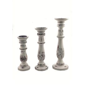 Royal Hampton Distressed Mango Wood Pillar Shaped Candle holder, Set of 3, White