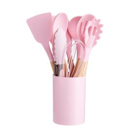 11pcs Wooden Handle Silicone Kitchen Utensils Set Storage Bucket Non-stick Shovel Spoon Cooking Kitchen Utensils 11 Pieces Set Silicone Shovel Spoon (Color: PINK)